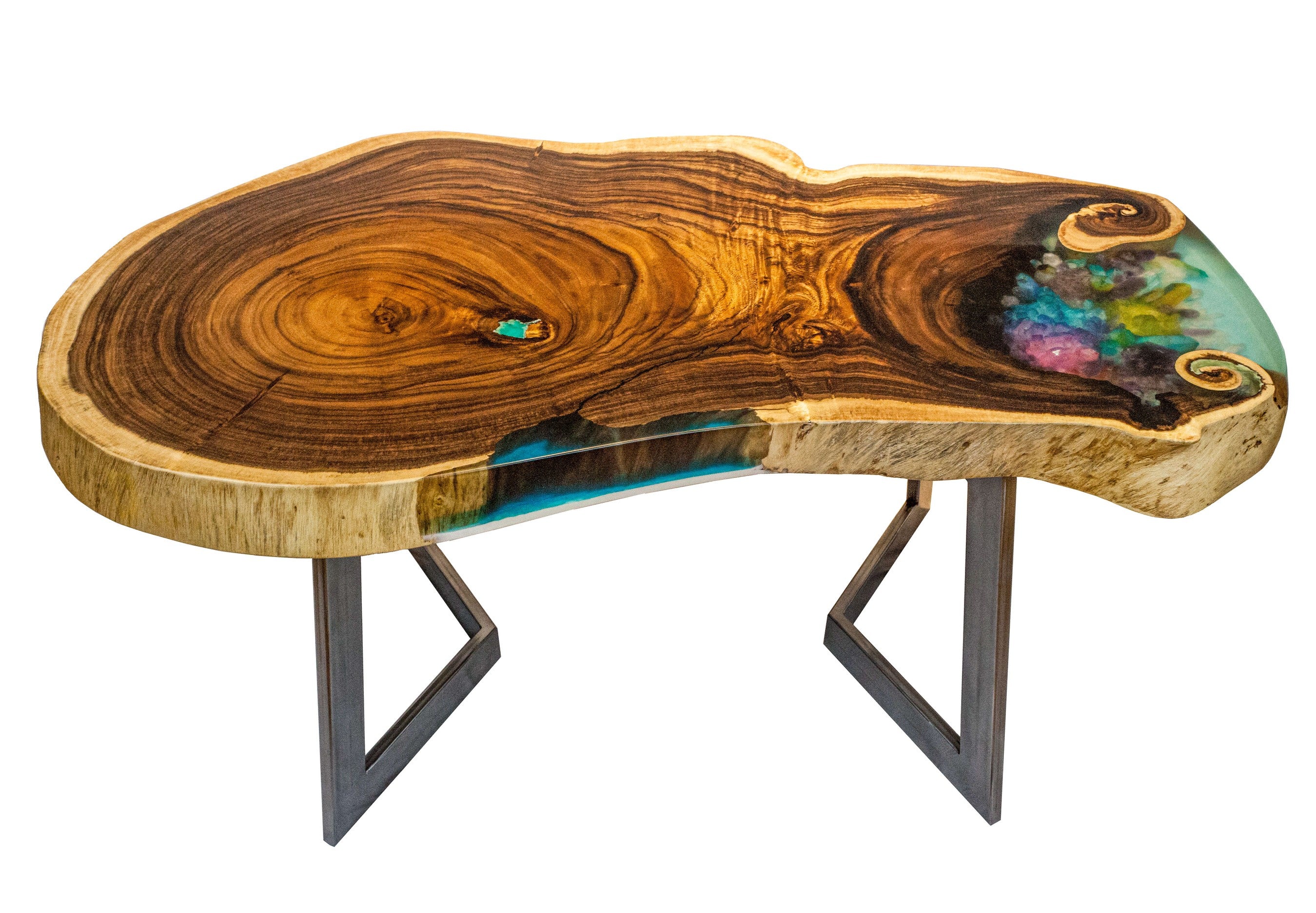 Table de luxe bois et époxy multicolore