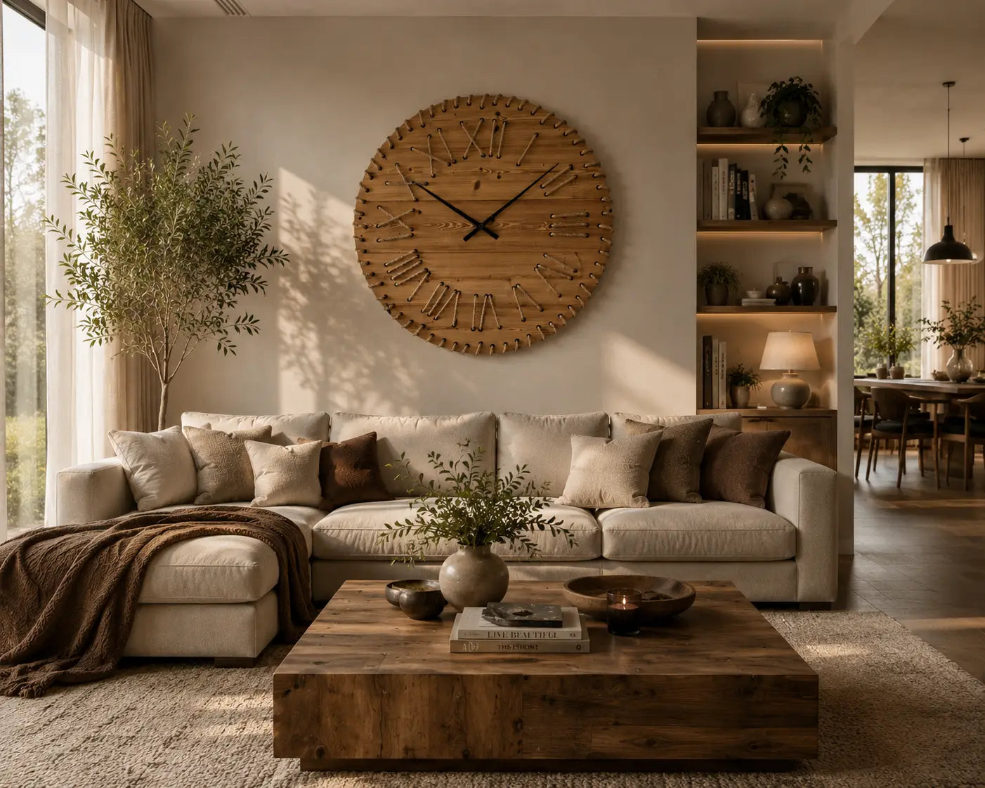 Horloge murale géante 100 cm modèle HORIZON dans un intérieur contemporain chaleureux