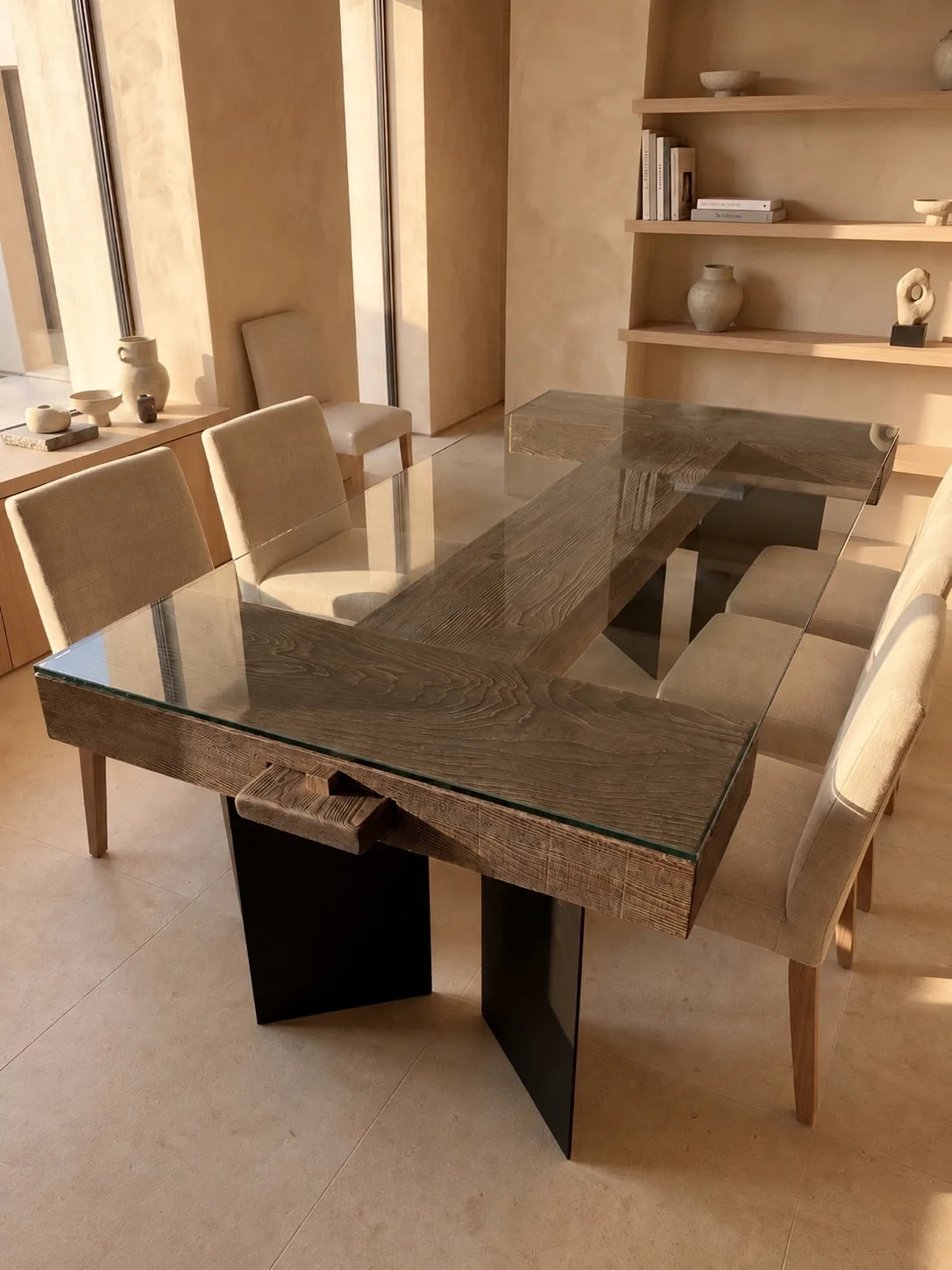 Table en bois massif, verre trempé et pieds métalliques modèle AXIS
