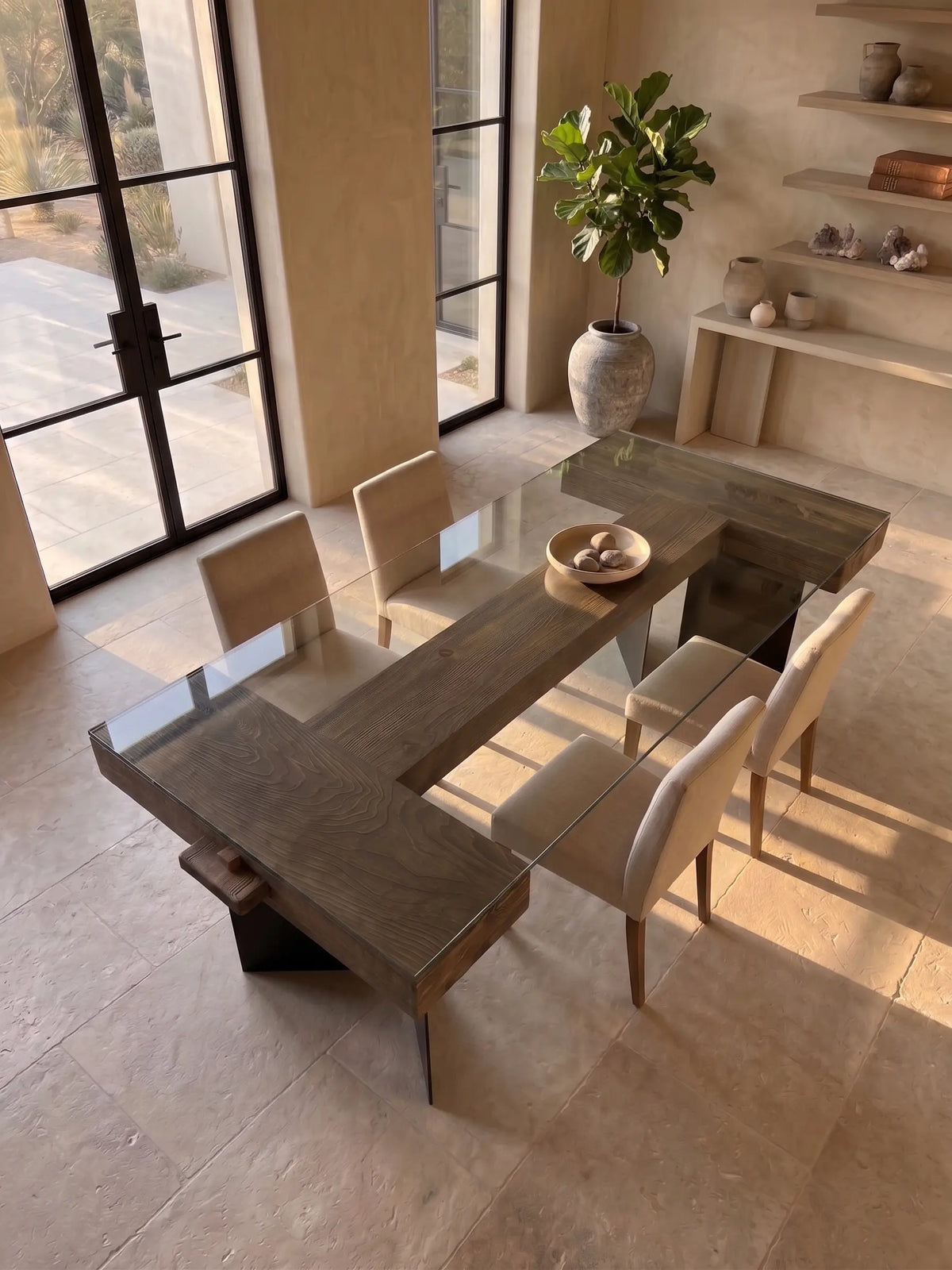 Table en bois massif, verre trempé et pieds métalliques modèle AXIS