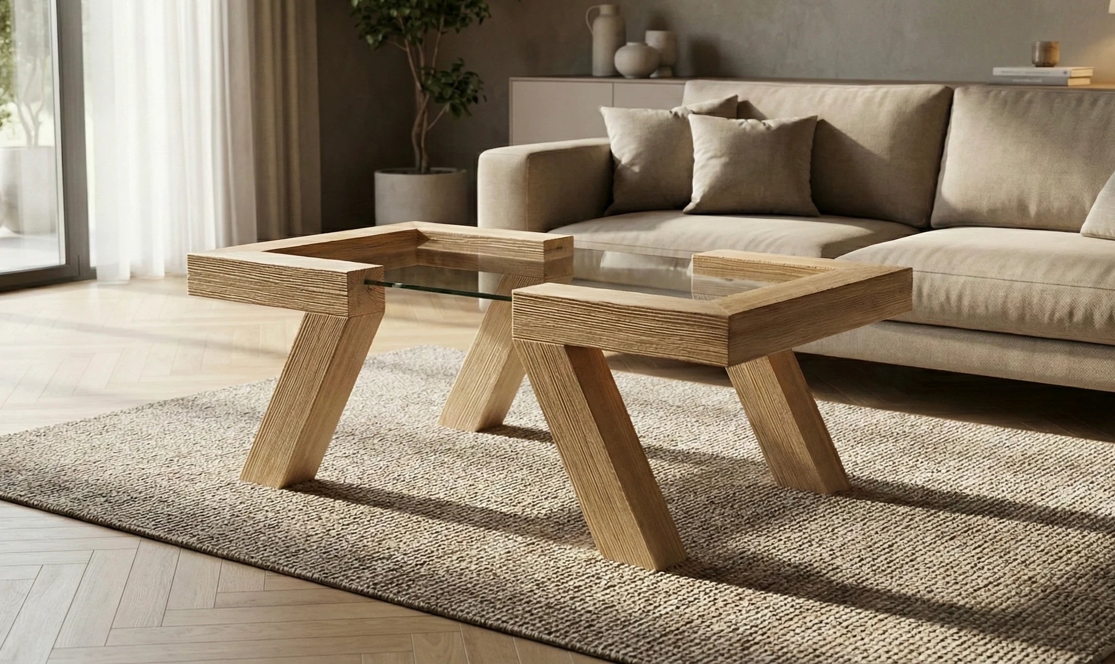 Table basse EQUILIBRE en bois massif brossé et verre trempé dans salon japandi