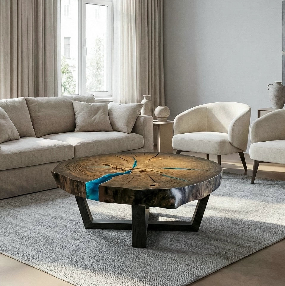 Table basse OBSIDIENNE — Chêne noir millénaire & résine époxy turquoise