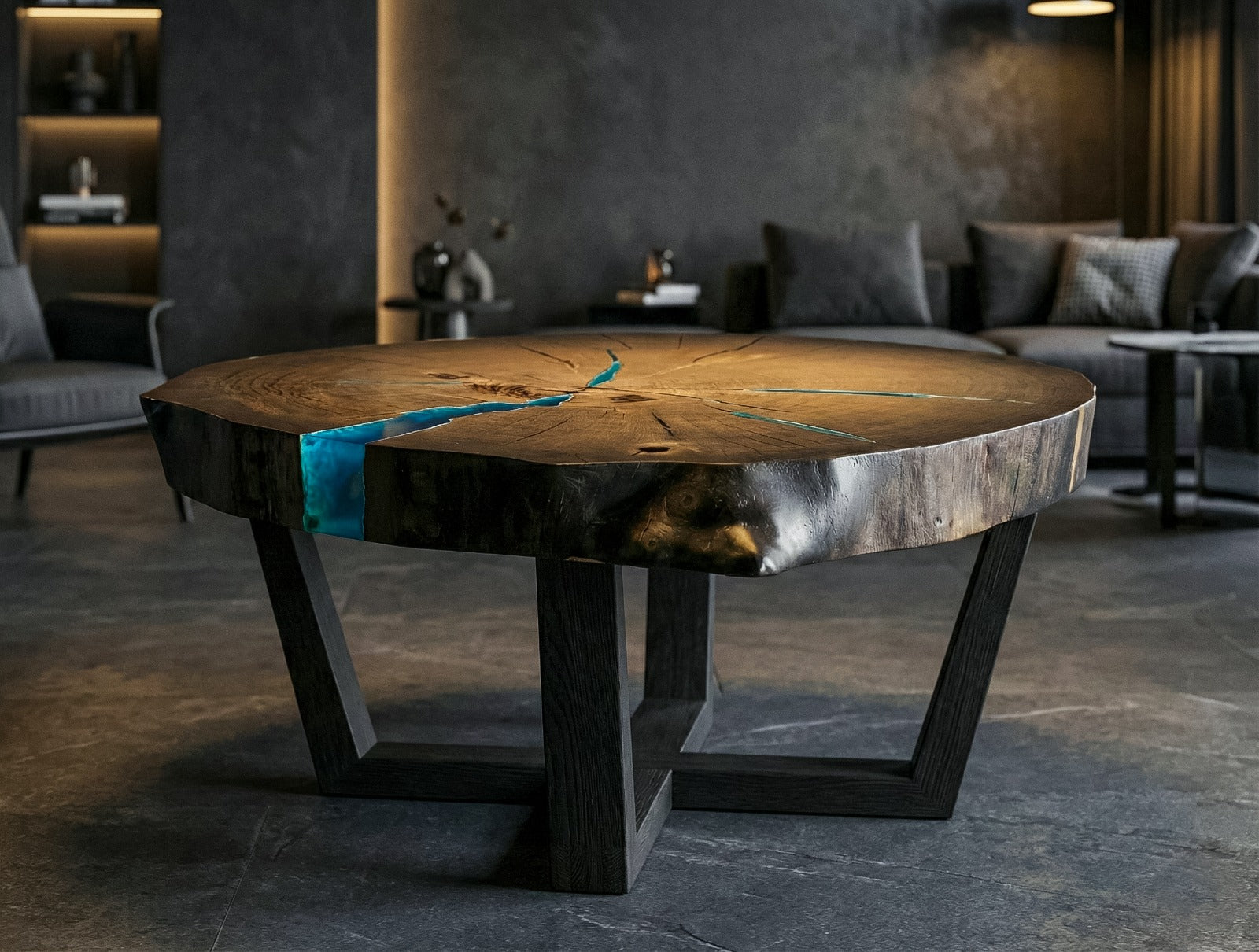 Table basse OBSIDIENNE — Chêne noir millénaire & résine époxy turquoise
