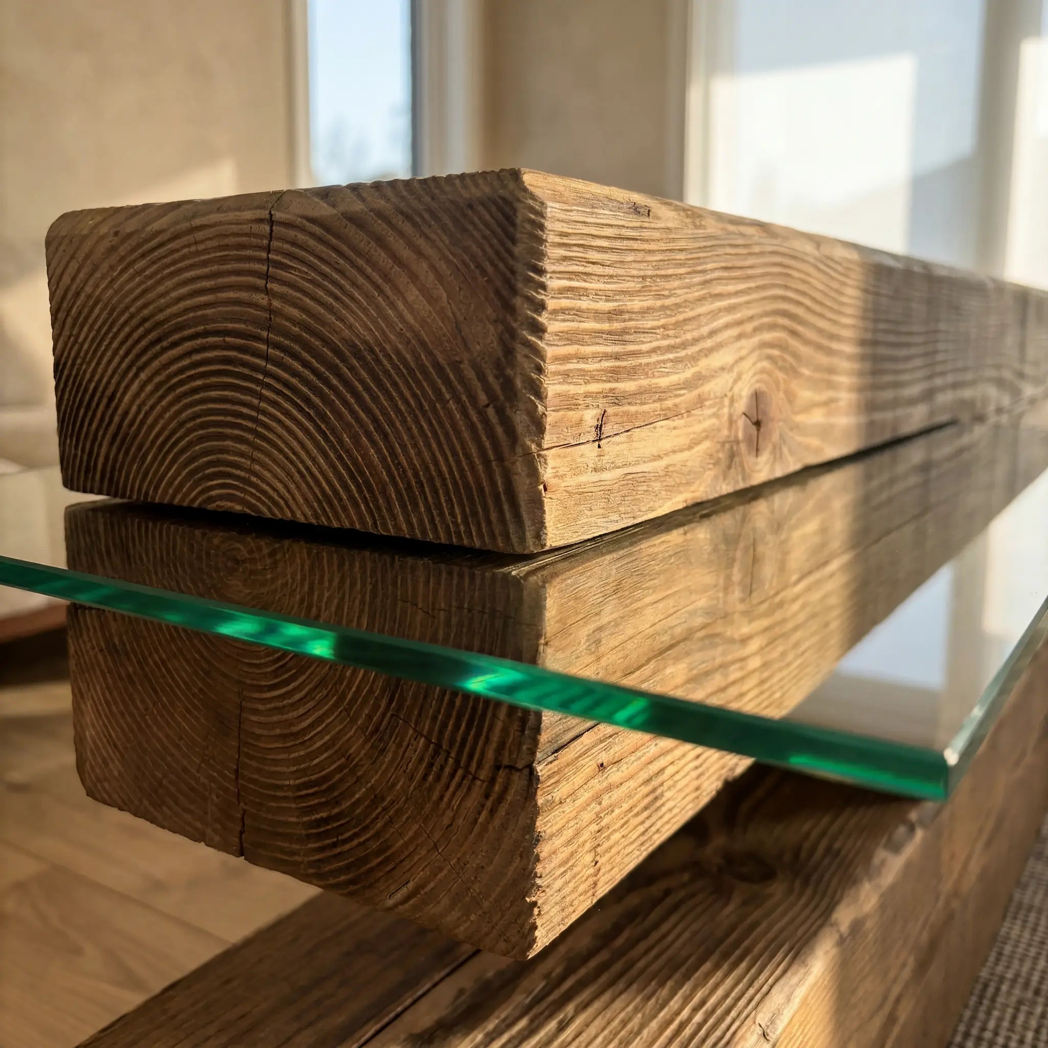 Table basse bois massif design en sapin brossé et verre – modèle ORIGINE