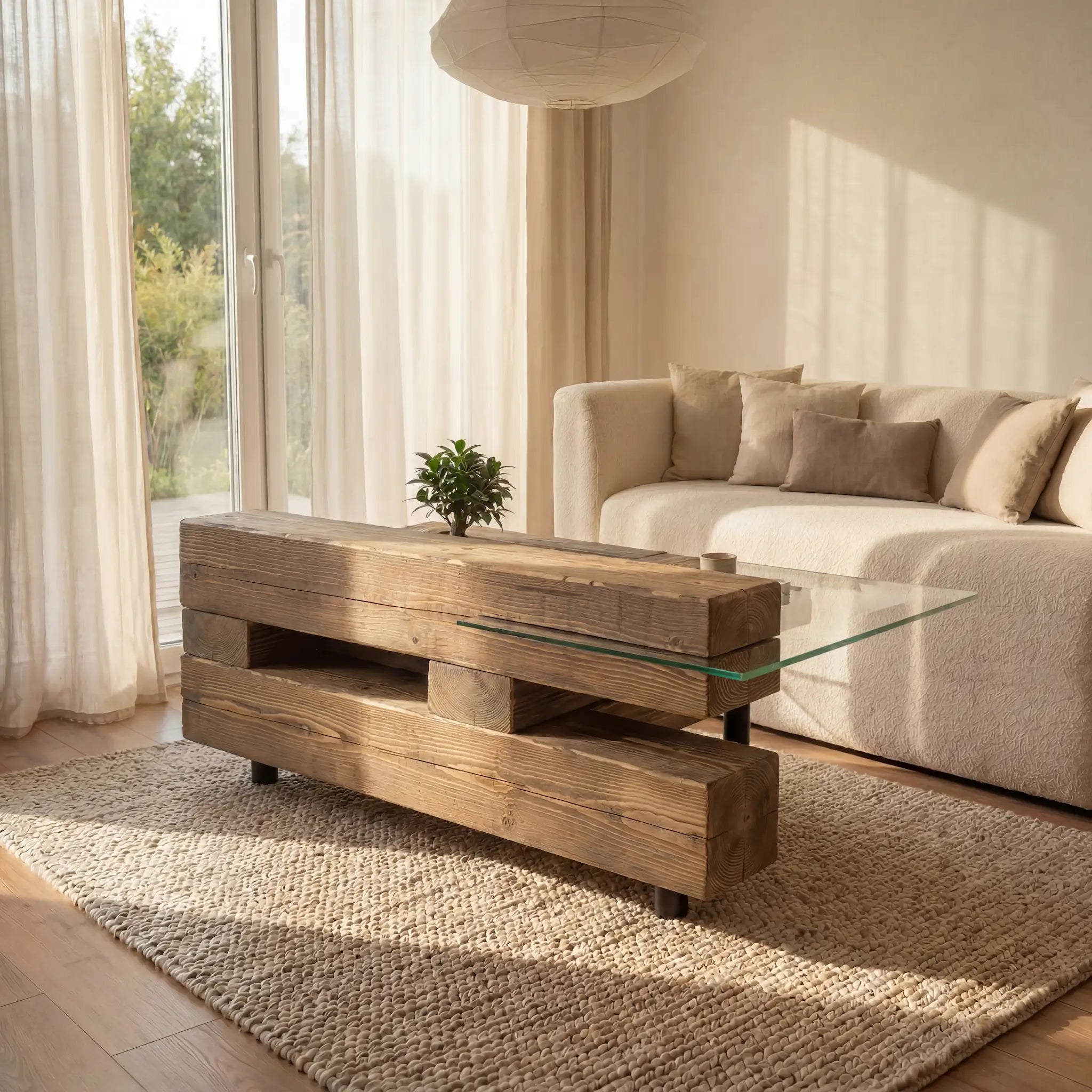 Table basse bois massif design en sapin brossé et verre – modèle ORIGINE