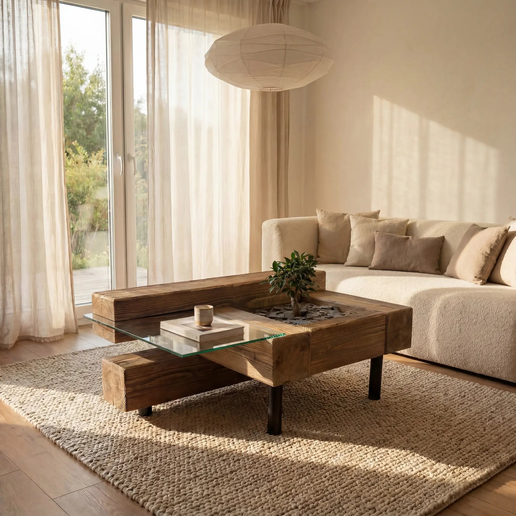 Table basse bois massif design en sapin brossé et verre – modèle ORIGINE