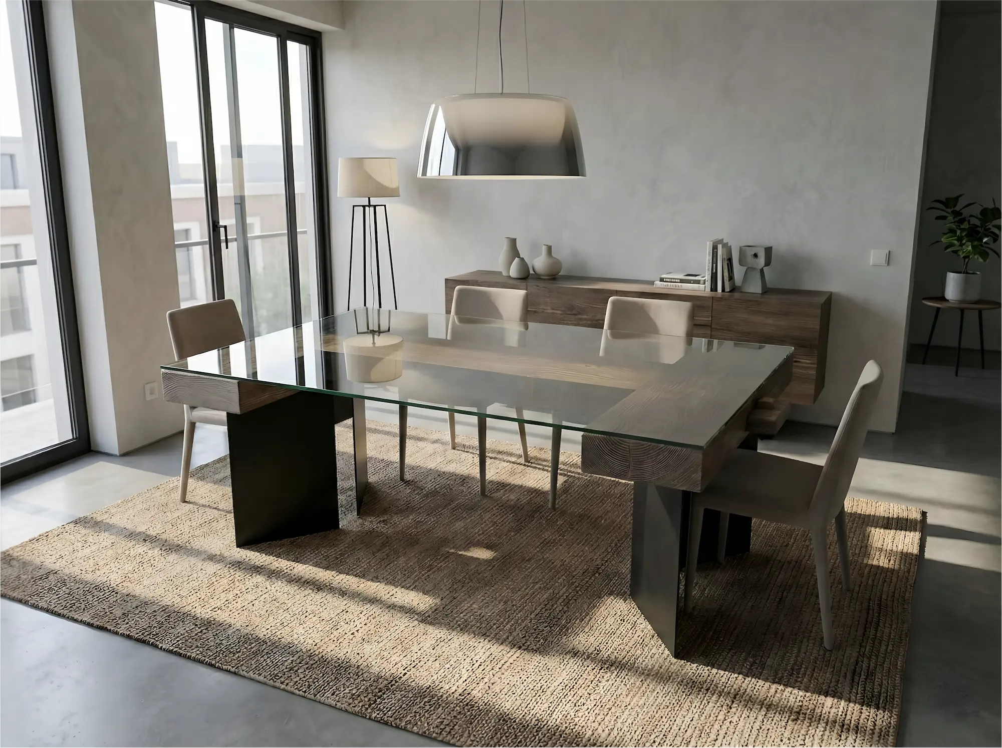 Table salle à manger verre et bois design modèle AXIS vue d'ensemble