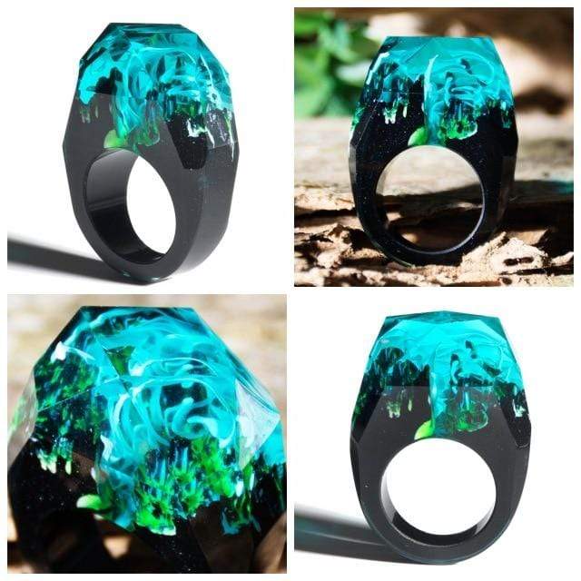 Bague en bois et résine bleuté