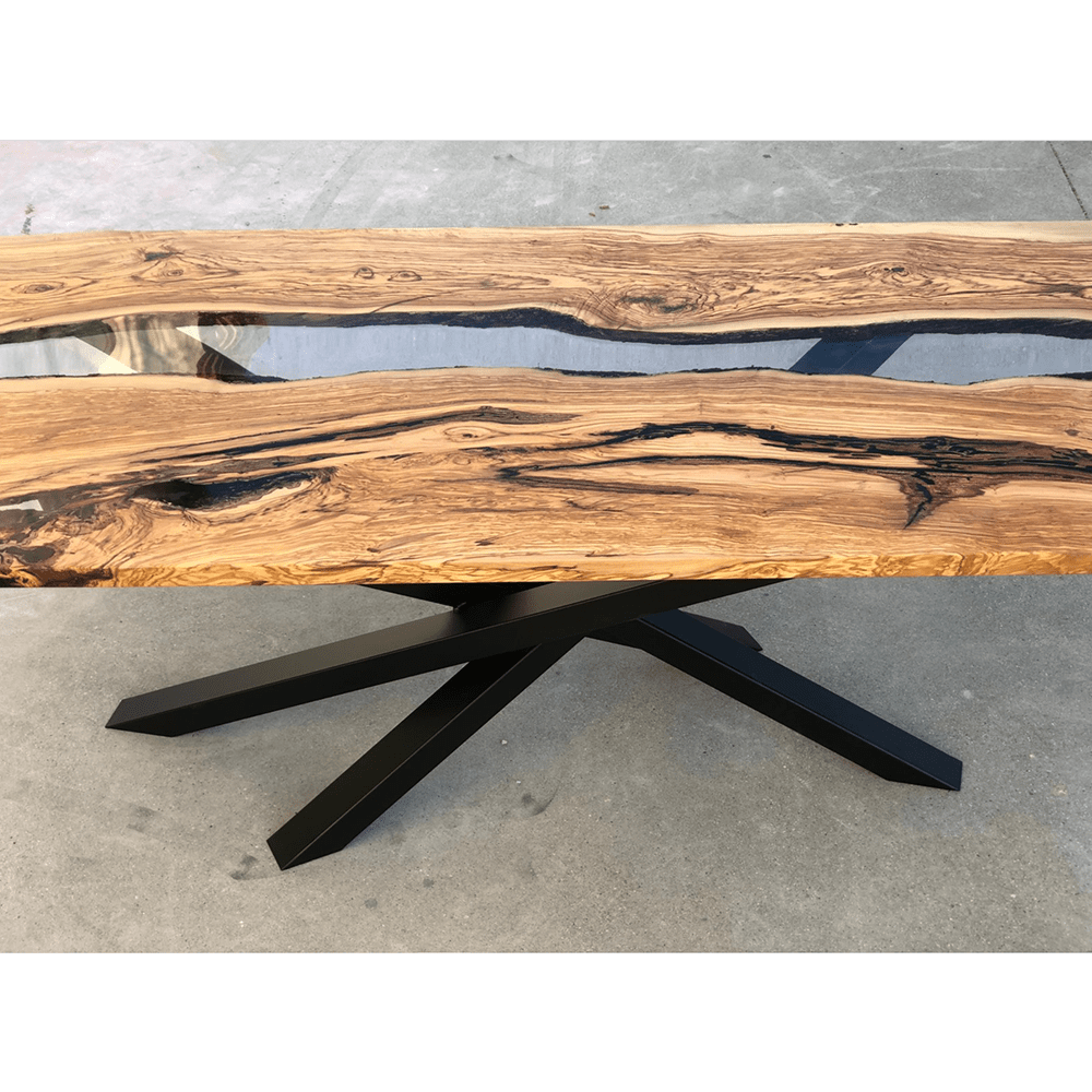 Grande table epoxy transparente en noyer