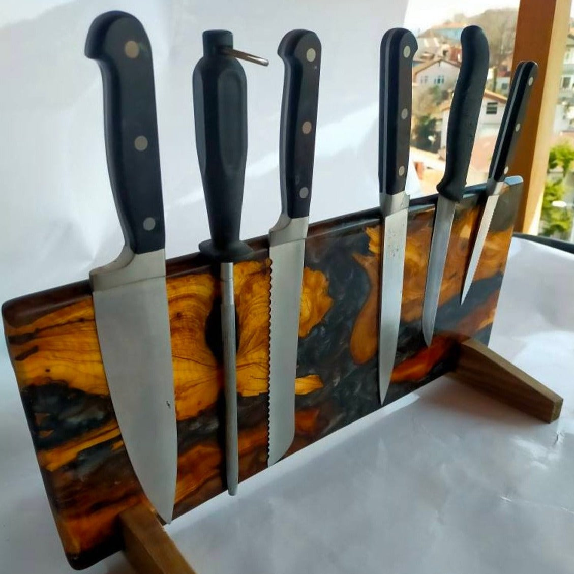 Porte-couteaux magnétique en bois et résine