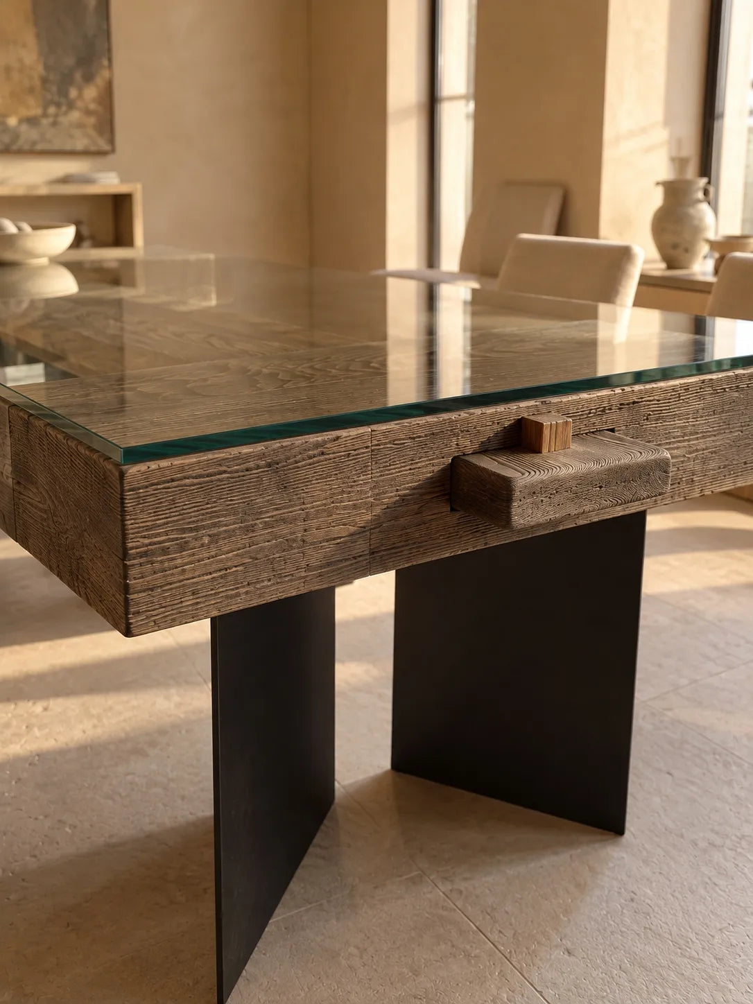 Table en bois massif, verre trempé et pieds métalliques modèle AXIS 