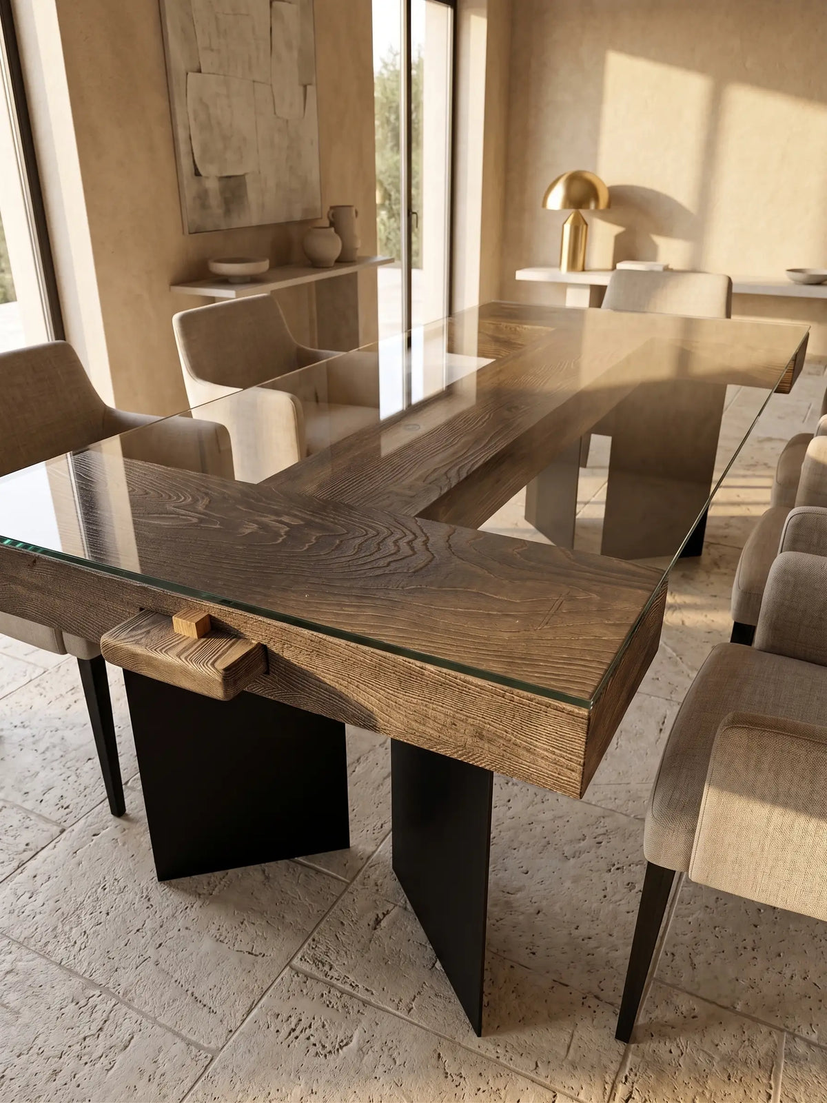 Table en bois massif, verre trempé et pieds métalliques modèle AXIS 