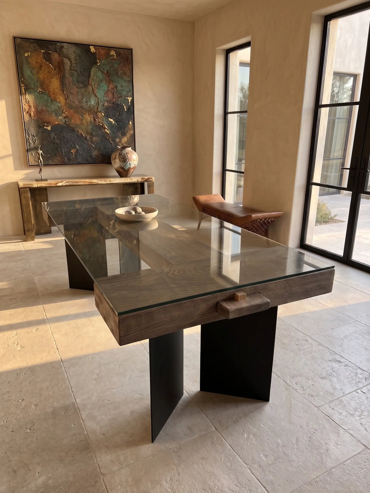 Table en bois massif, verre trempé et pieds métalliques modèle AXIS 
