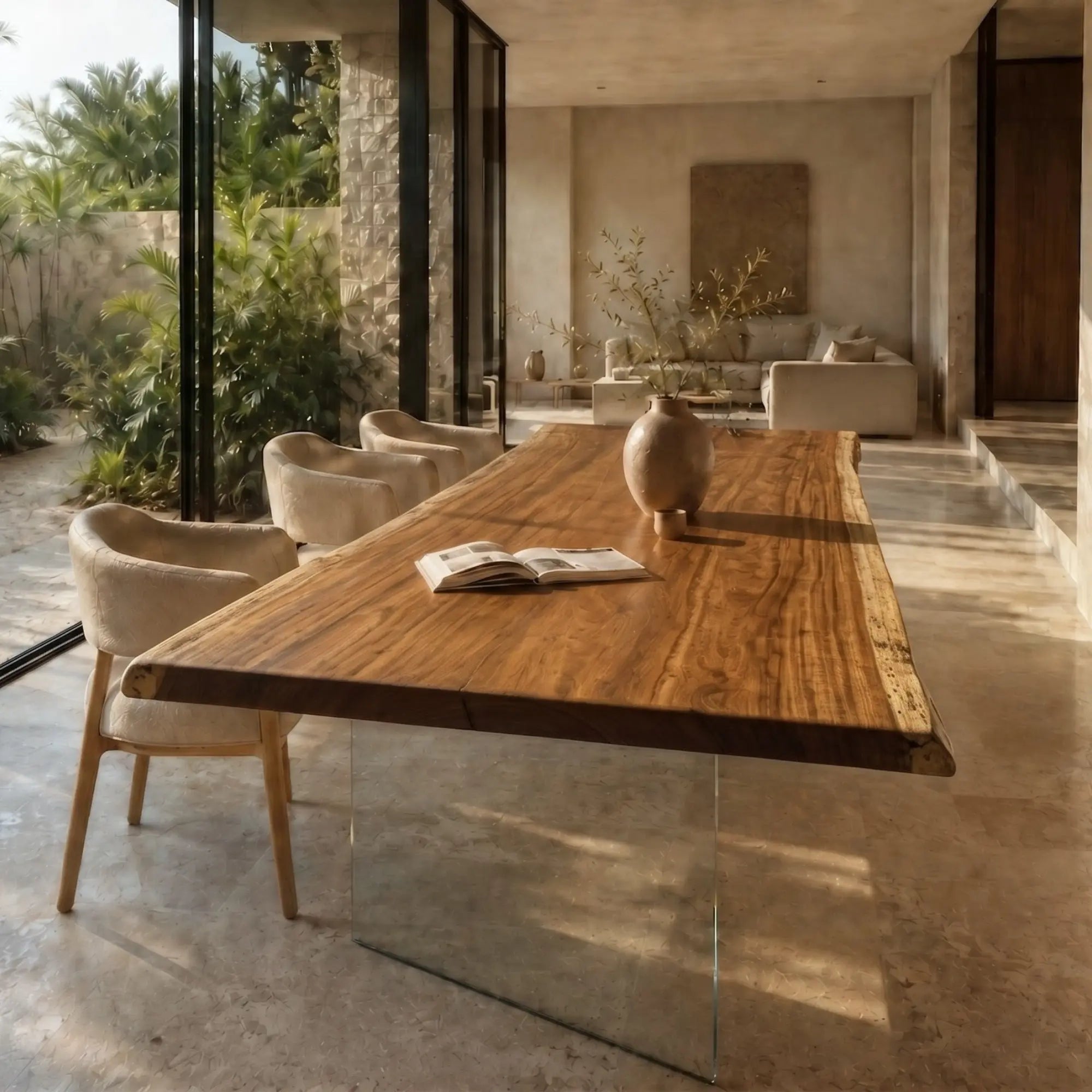 Table à manger design luxe en iroko massif et pieds en verre modèle AURA dans intérieur moderne 