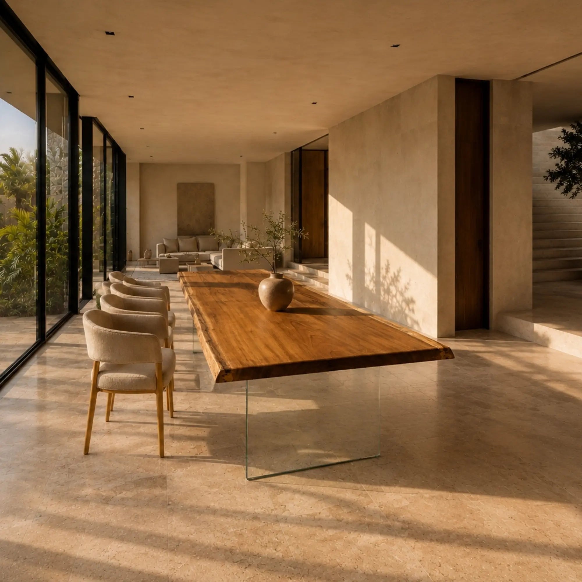 Table à manger design luxe en iroko massif et pieds en verre modèle AURA vue d'ensemble