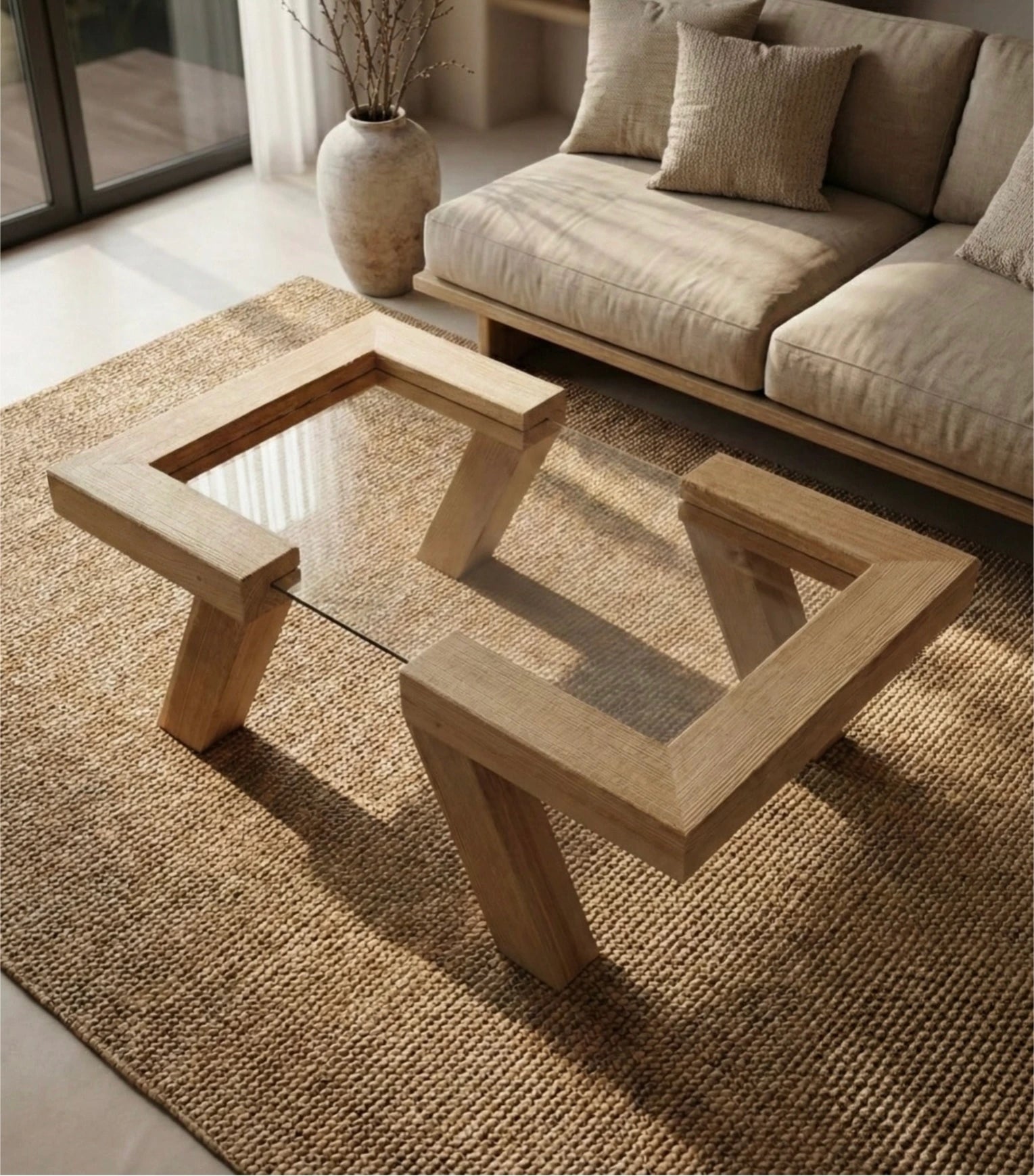 Table basse EQUILIBRE en bois massif brossé et verre trempé dans salon japandi vue de dessus