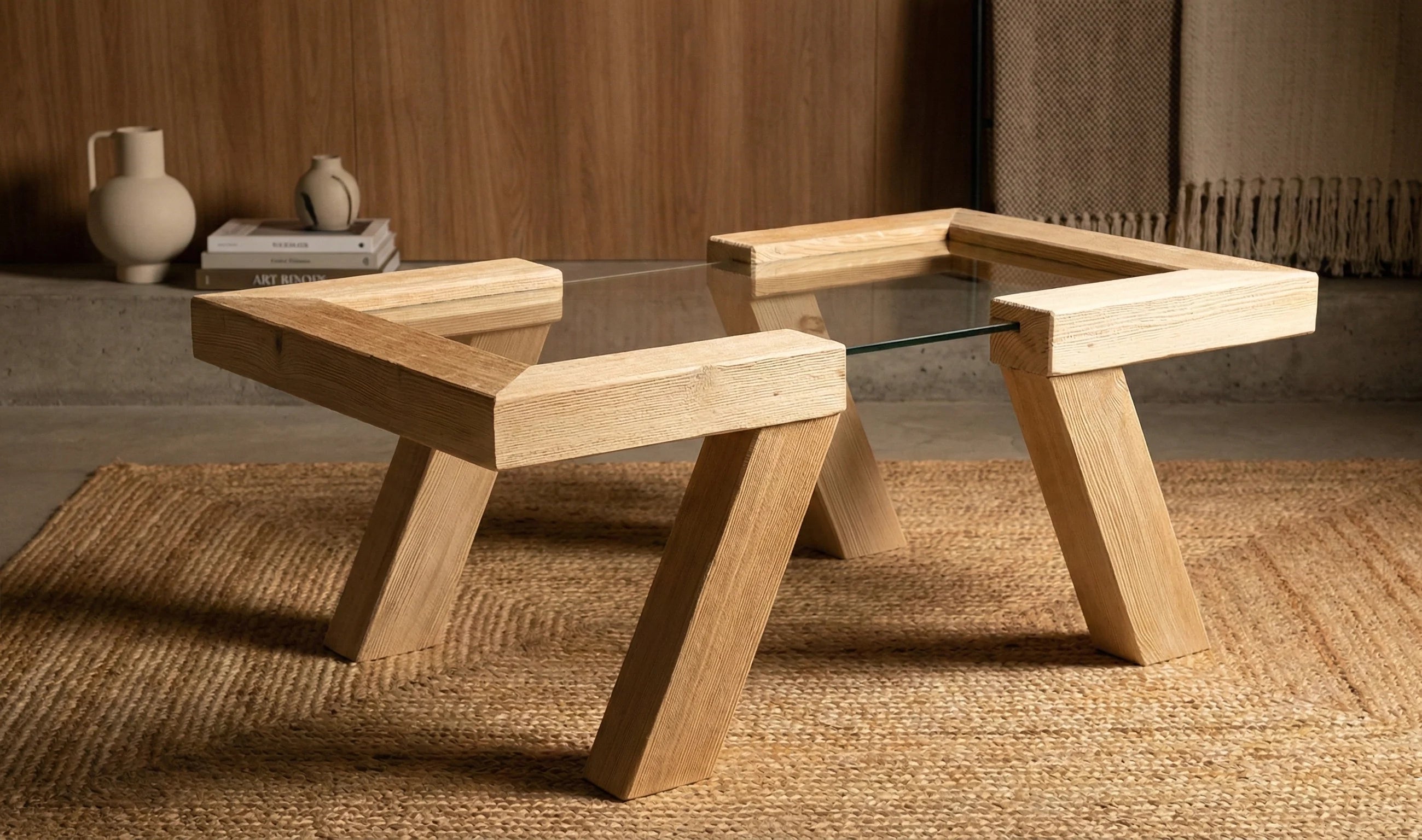 Table basse EQUILIBRE en bois massif brossé et verre trempé dans salon minimaliste