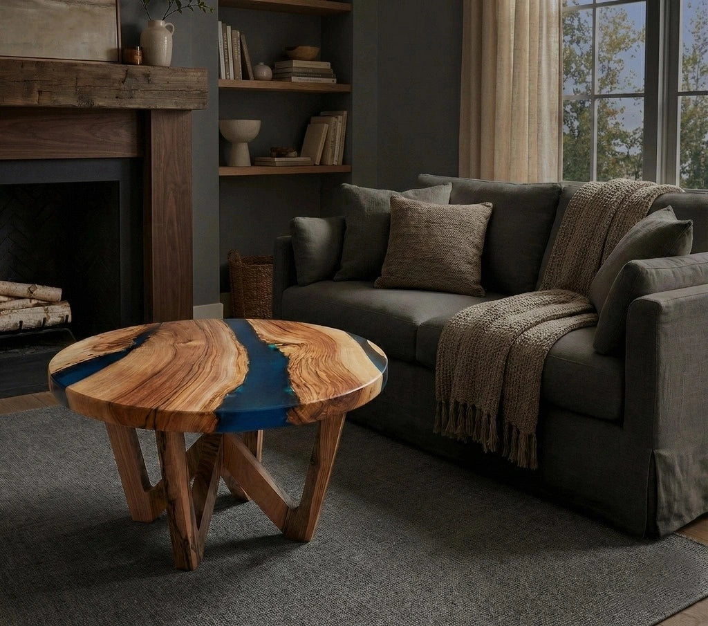 Table basse LAGUNE — Noyer massif & rivière de résine époxy turquoise