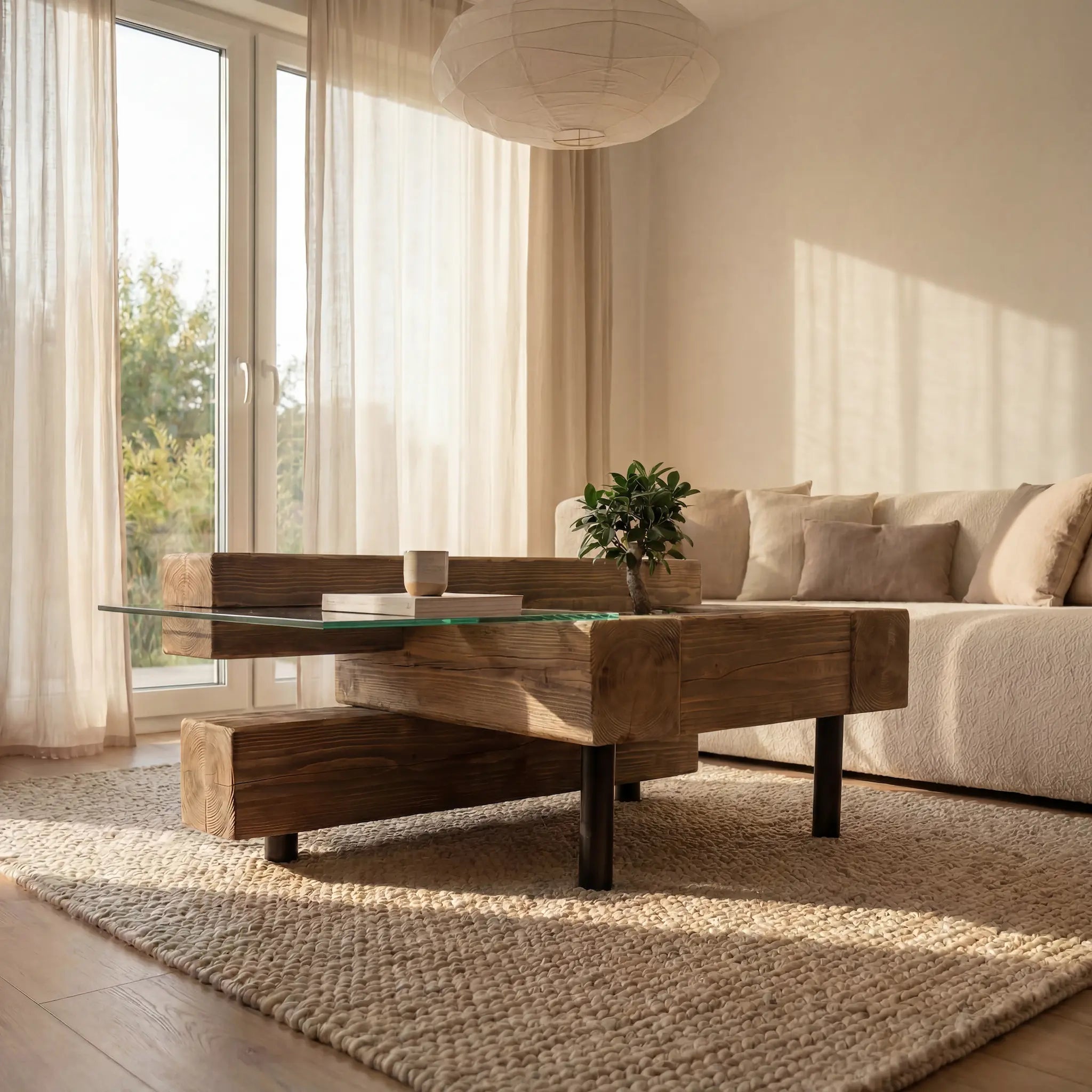 Table basse bois massif design en sapin brossé et verre – modèle ORIGINE