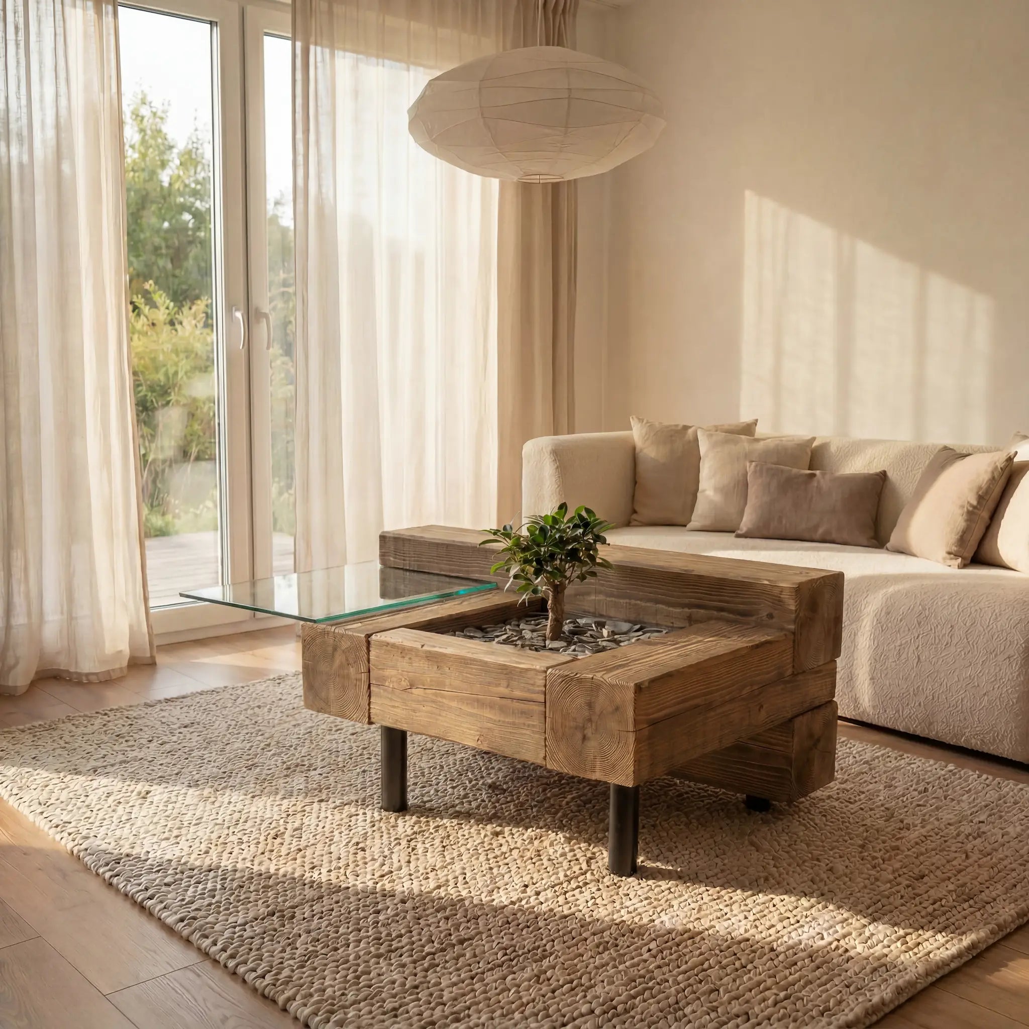 Table basse bois massif design en sapin brossé et verre – modèle ORIGINE