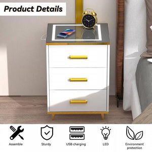 Table De Chevet Avec Station De Charge Et LED RGB – 2 Tiroirs Tissu, 2 Prises + 2 USB, Blanc, Design Moderne