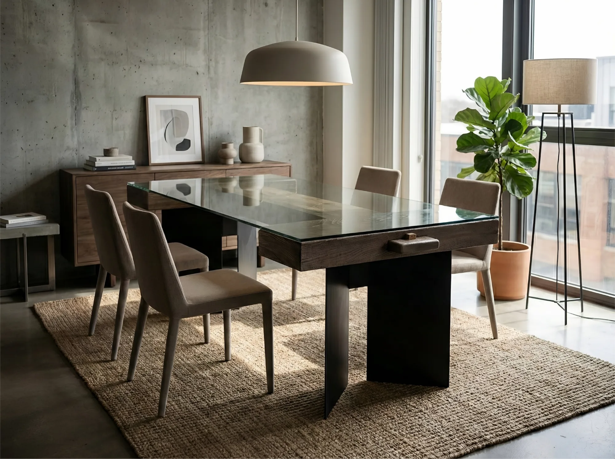Table salle à manger verre et bois design modèle AXIS dans intérieur moderne