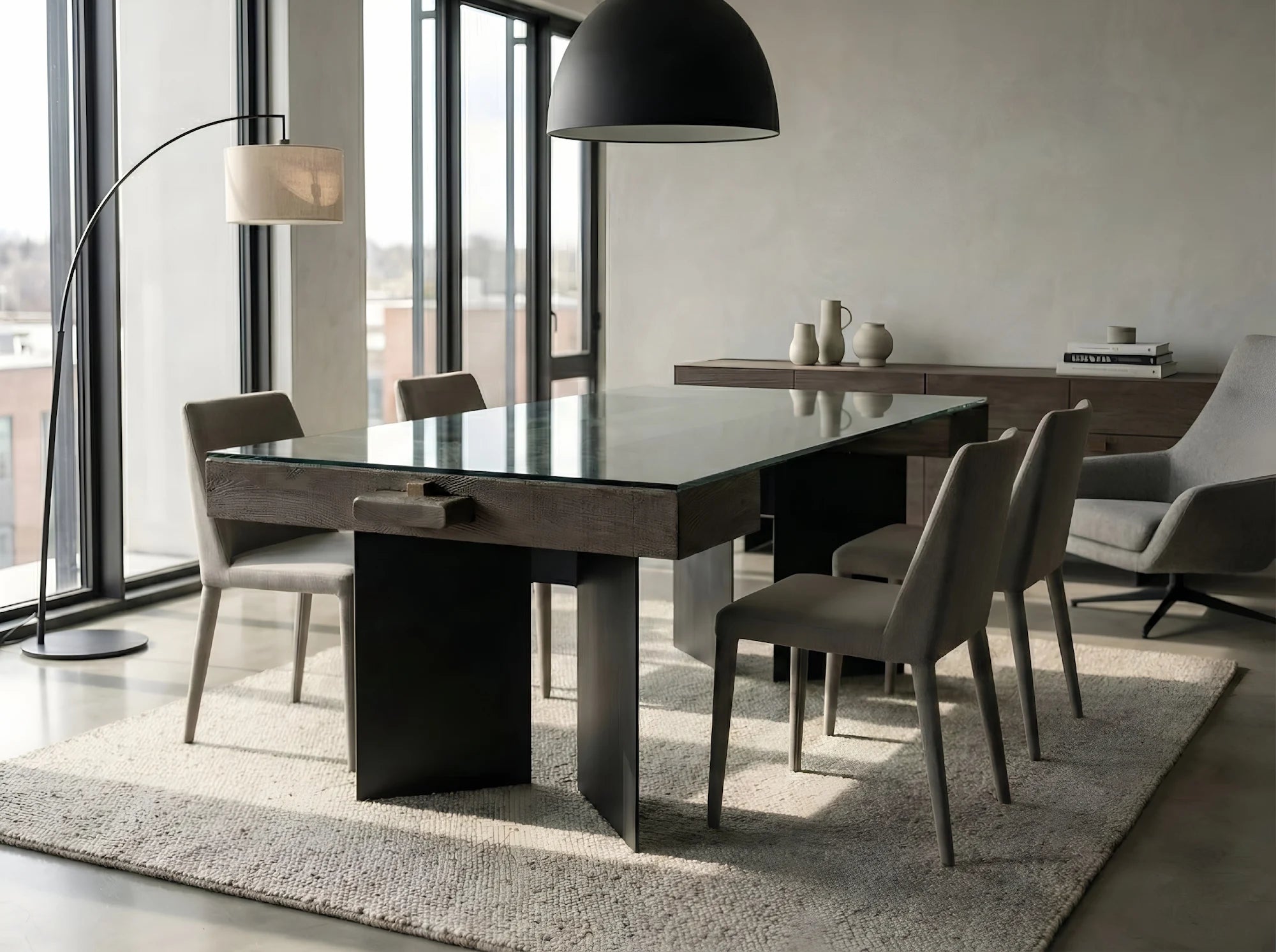 Table salle à manger verre et bois design modèle AXIS vue de coté